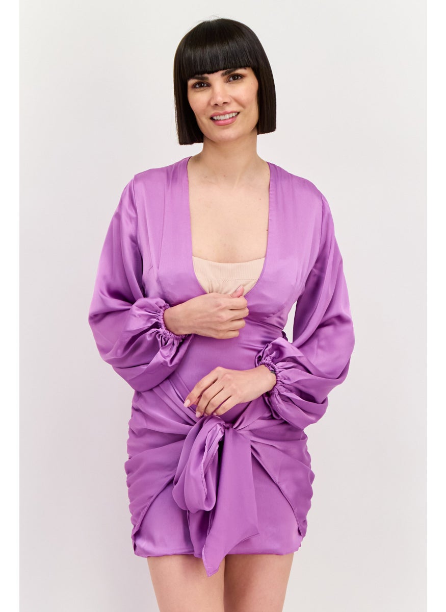 Women Petite Plain Mini Dress, Purple