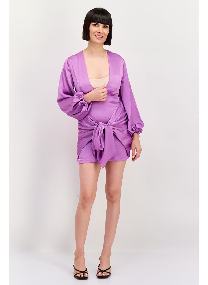 Women Petite Plain Mini Dress, Purple