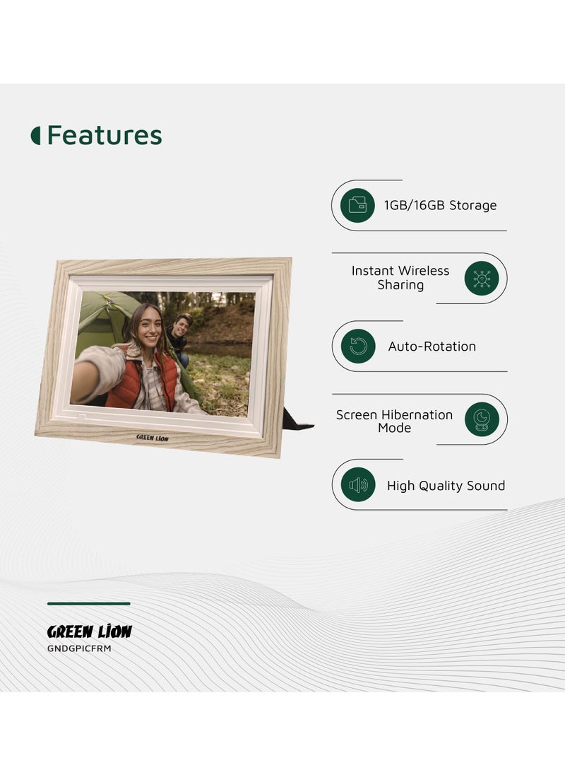 Digital Picture Frame Touch Screen Display 10.1 Inch / Picture and Video Playing / JPG/PNG/HEIC/MP4/3GP/MOV / Instant Wireless Sharing / with speaker and High-Quality Sound / USB Photo Transfer - Wooden
