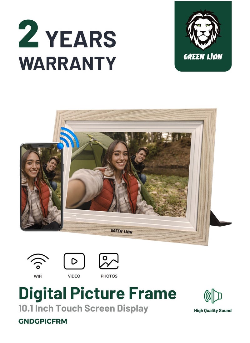 Digital Picture Frame Touch Screen Display 10.1 Inch / Picture and Video Playing / JPG/PNG/HEIC/MP4/3GP/MOV / Instant Wireless Sharing / with speaker and High-Quality Sound / USB Photo Transfer - Wooden