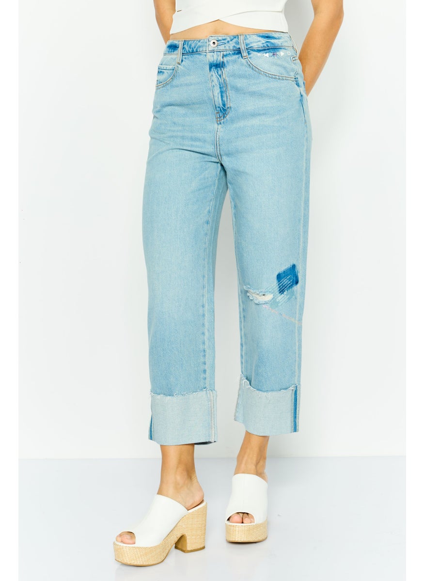 Women Regular Fit Rip Denim Jeans, Blue