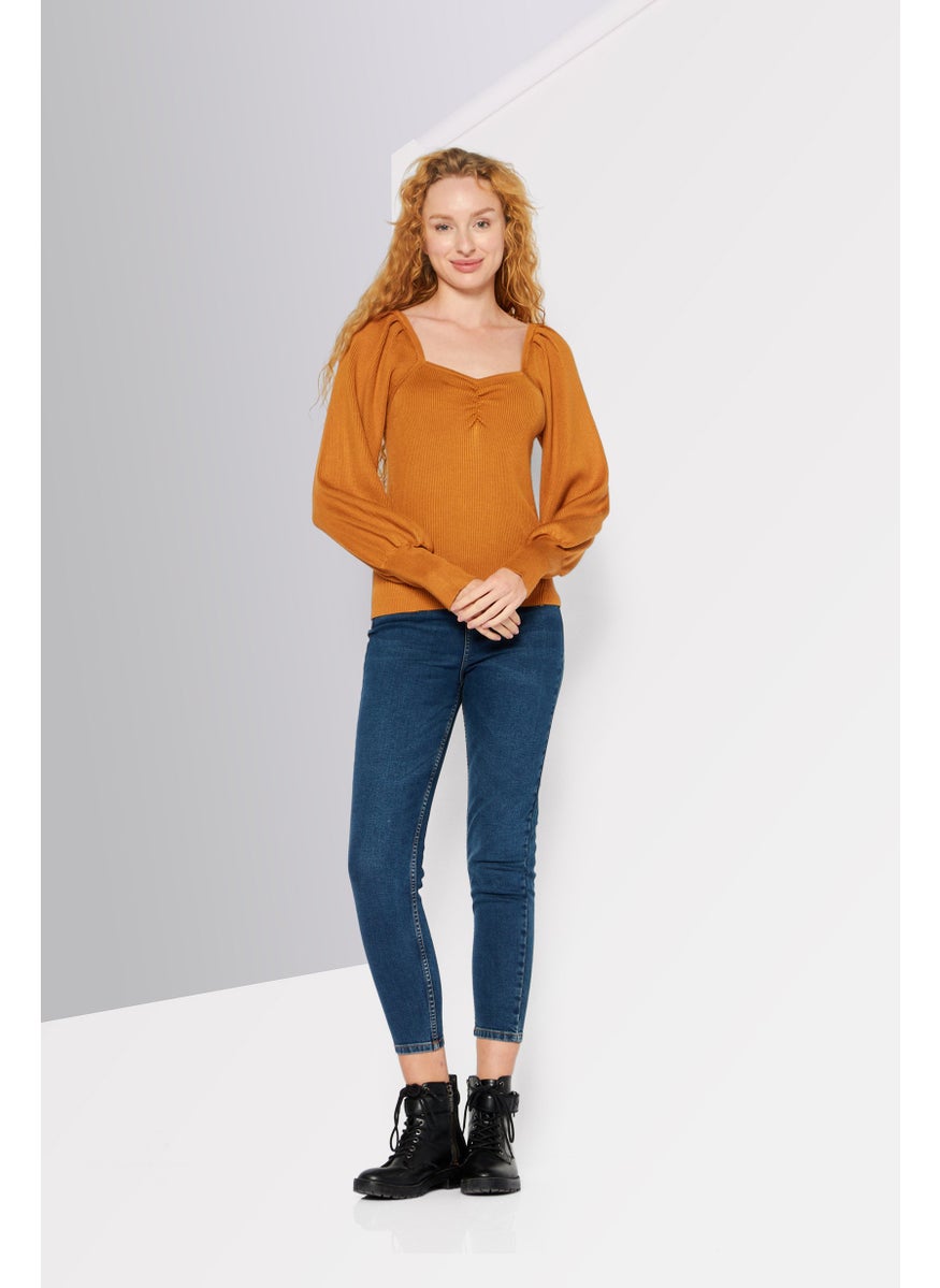 Women Sweetheart Puff-Sleeve Ribbed Sweater, Brown