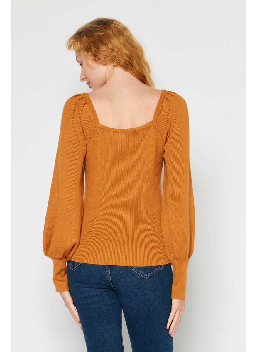 Women Sweetheart Puff-Sleeve Ribbed Sweater, Brown
