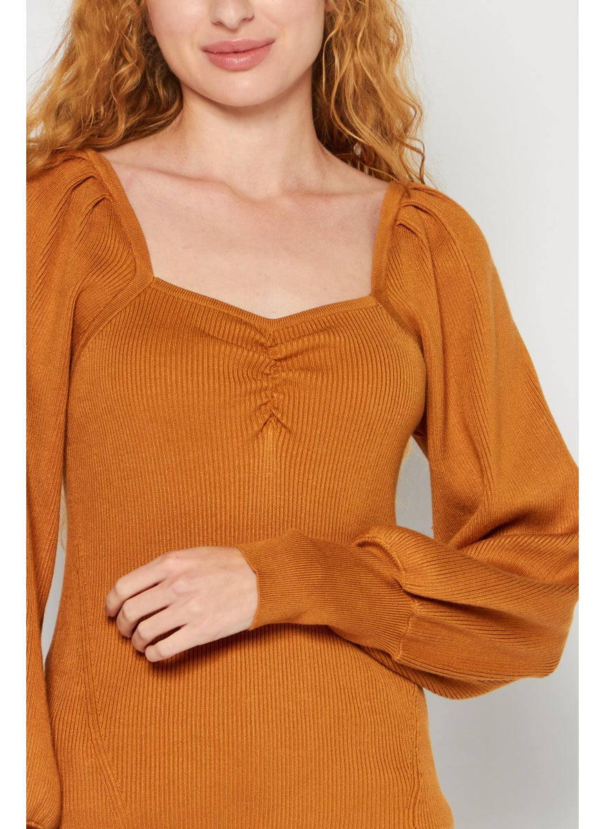 Women Sweetheart Puff-Sleeve Ribbed Sweater, Brown