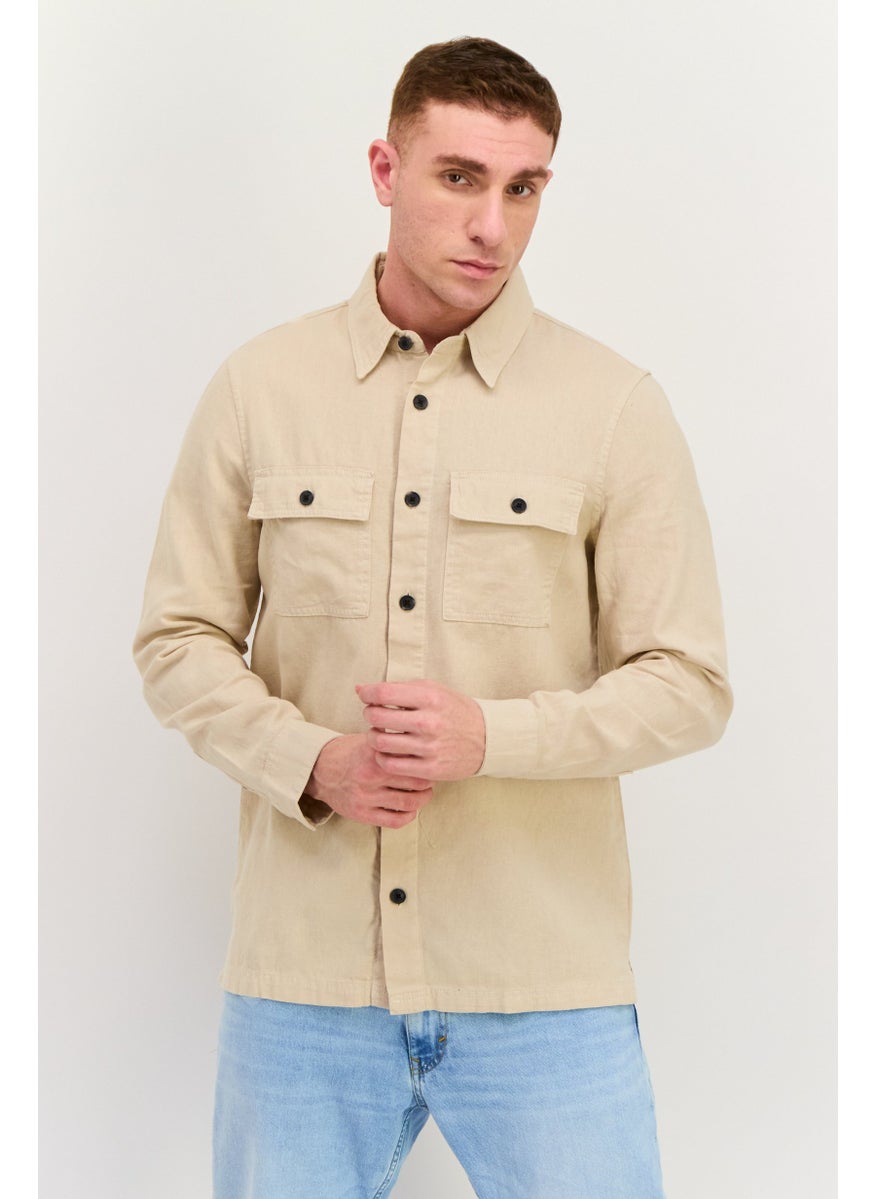 Men Regular Fit Solid Long Sleeves Casual Shirt, Beige