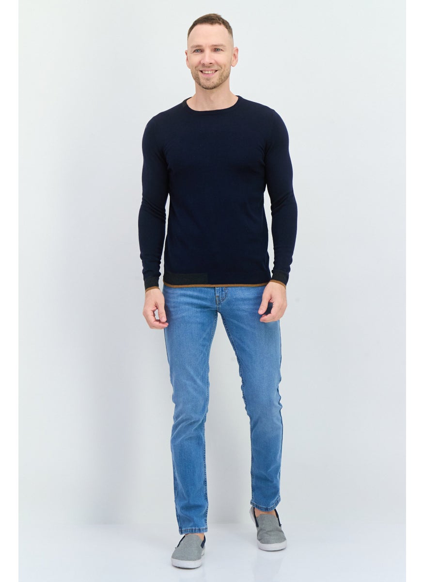 Men Round Neck Long Sleeves Textured Sweater, Navy