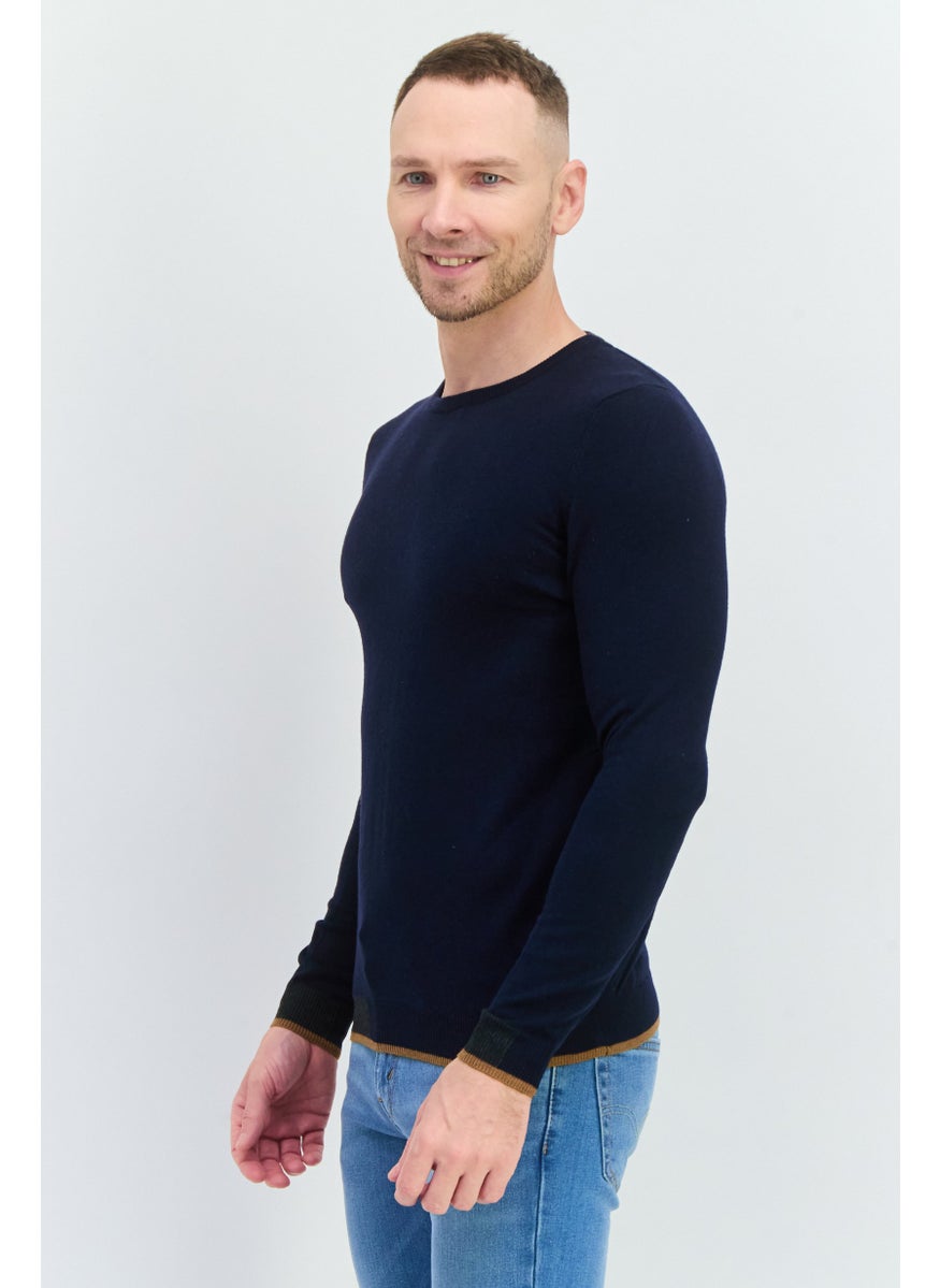 Men Round Neck Long Sleeves Textured Sweater, Navy