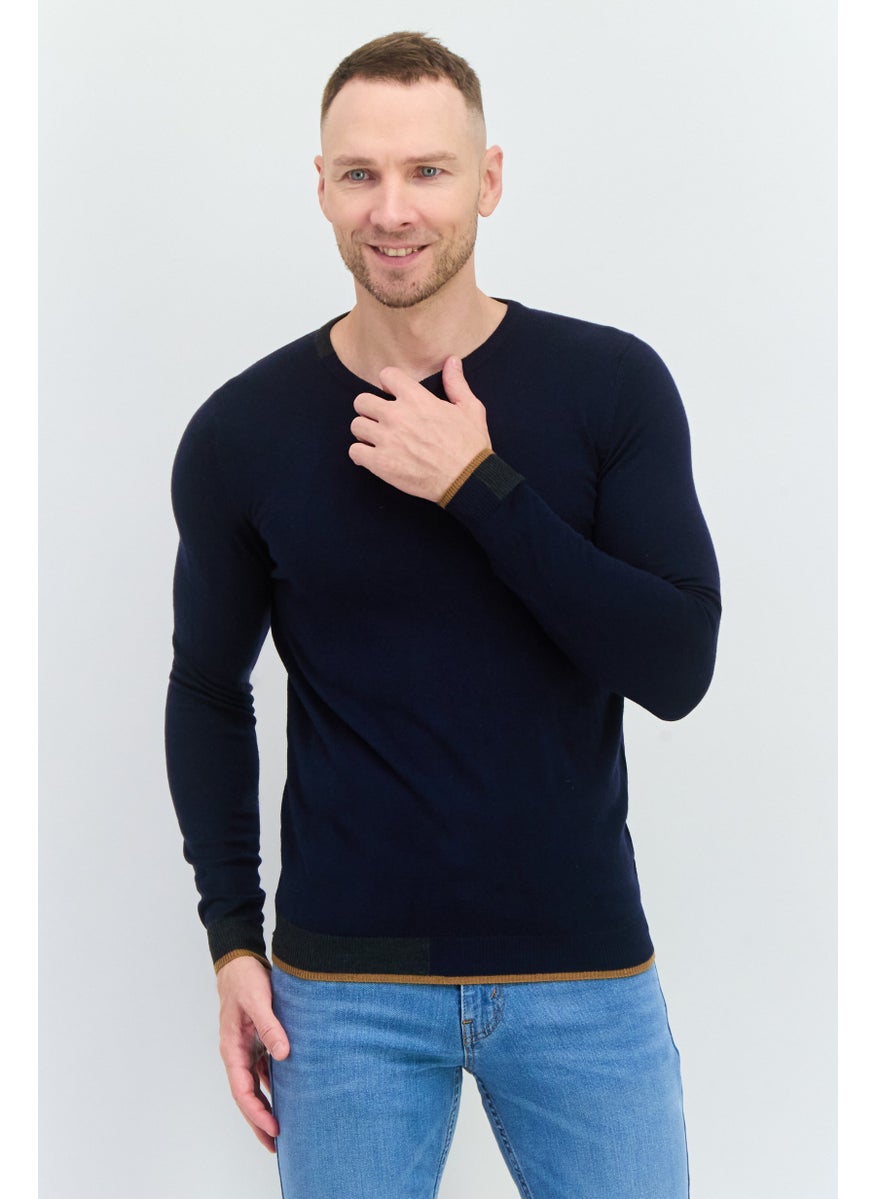 Men Round Neck Long Sleeves Textured Sweater, Navy