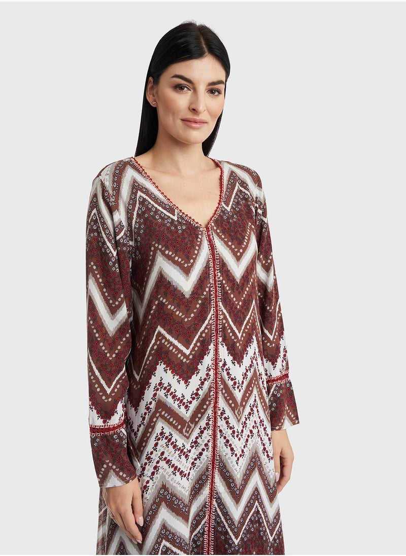 Rayon Chevron Print Crochet Lace Work Jalabiya