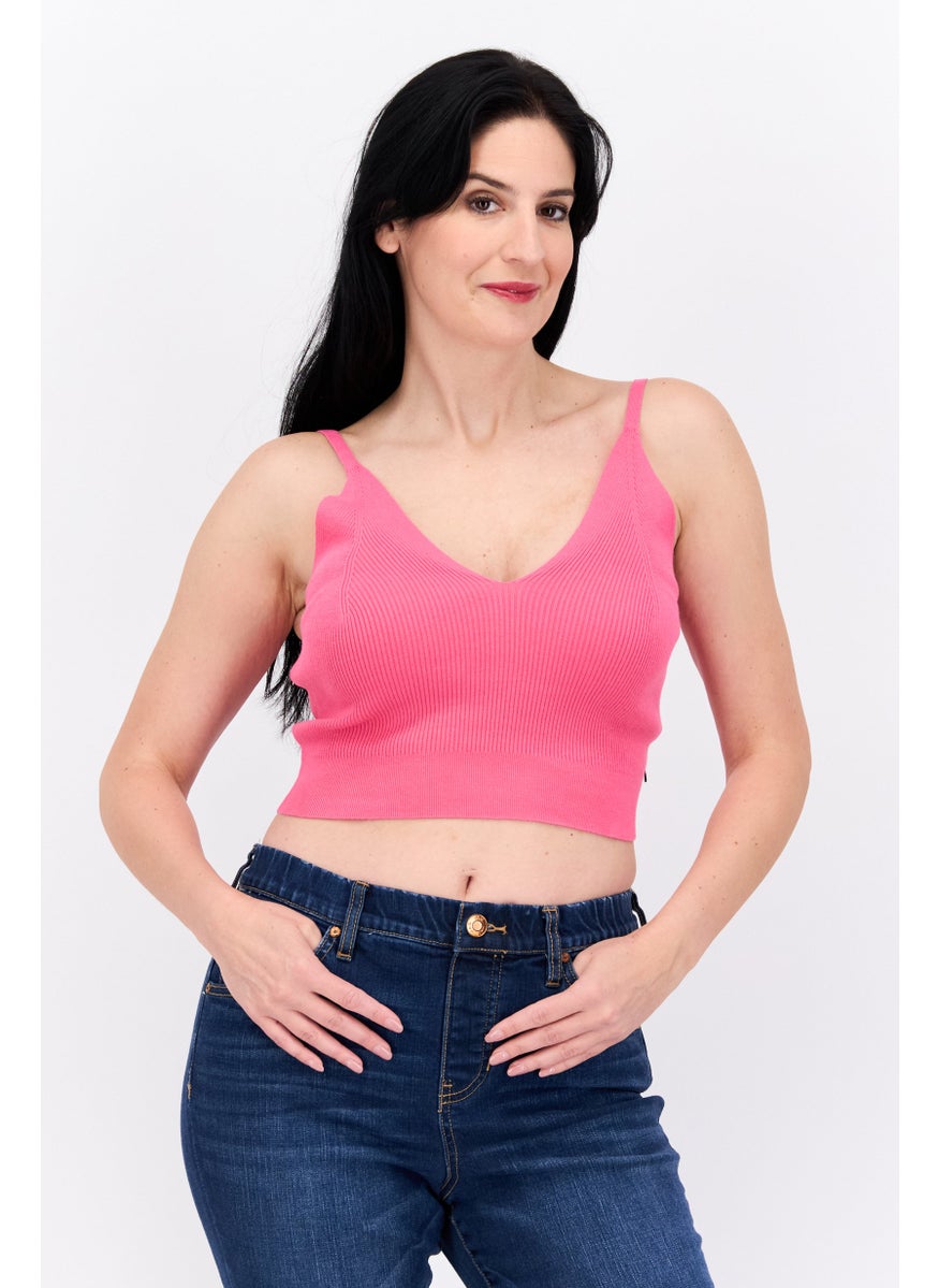 Women V-Neck Sleeveless Ribbed Tank Top, Dark Pink
