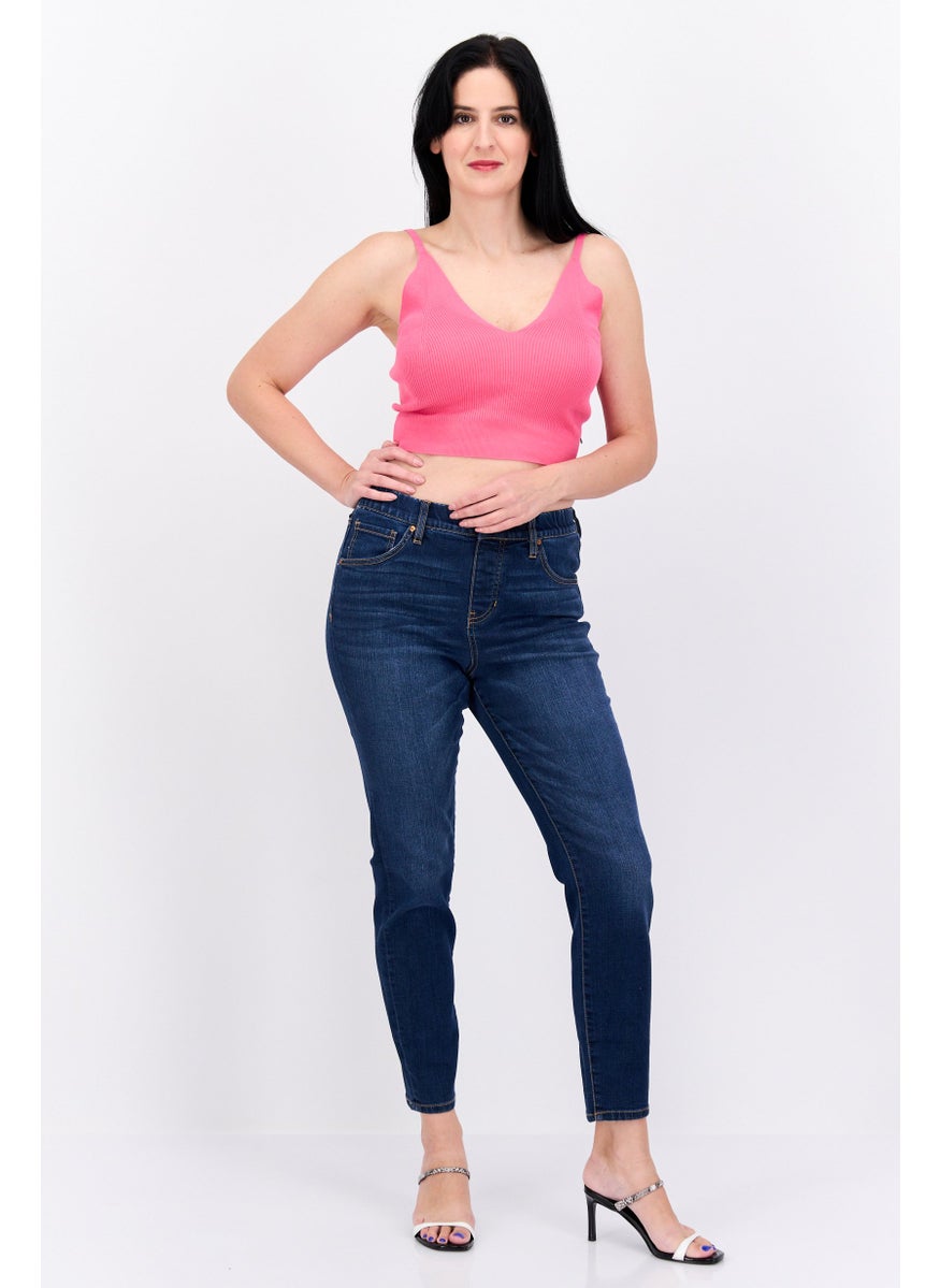 Women V-Neck Sleeveless Ribbed Tank Top, Dark Pink