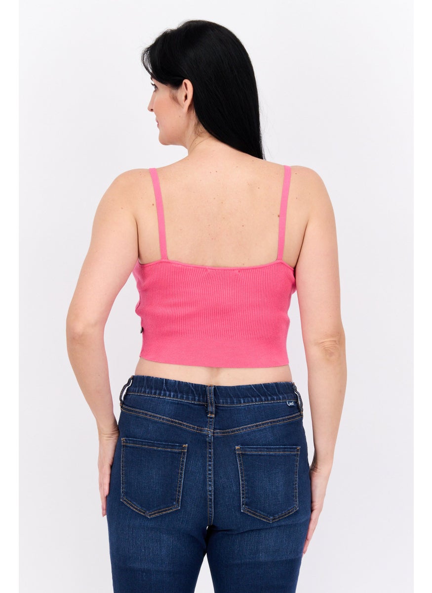 Women V-Neck Sleeveless Ribbed Tank Top, Dark Pink