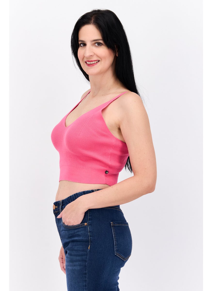 Women V-Neck Sleeveless Ribbed Tank Top, Dark Pink