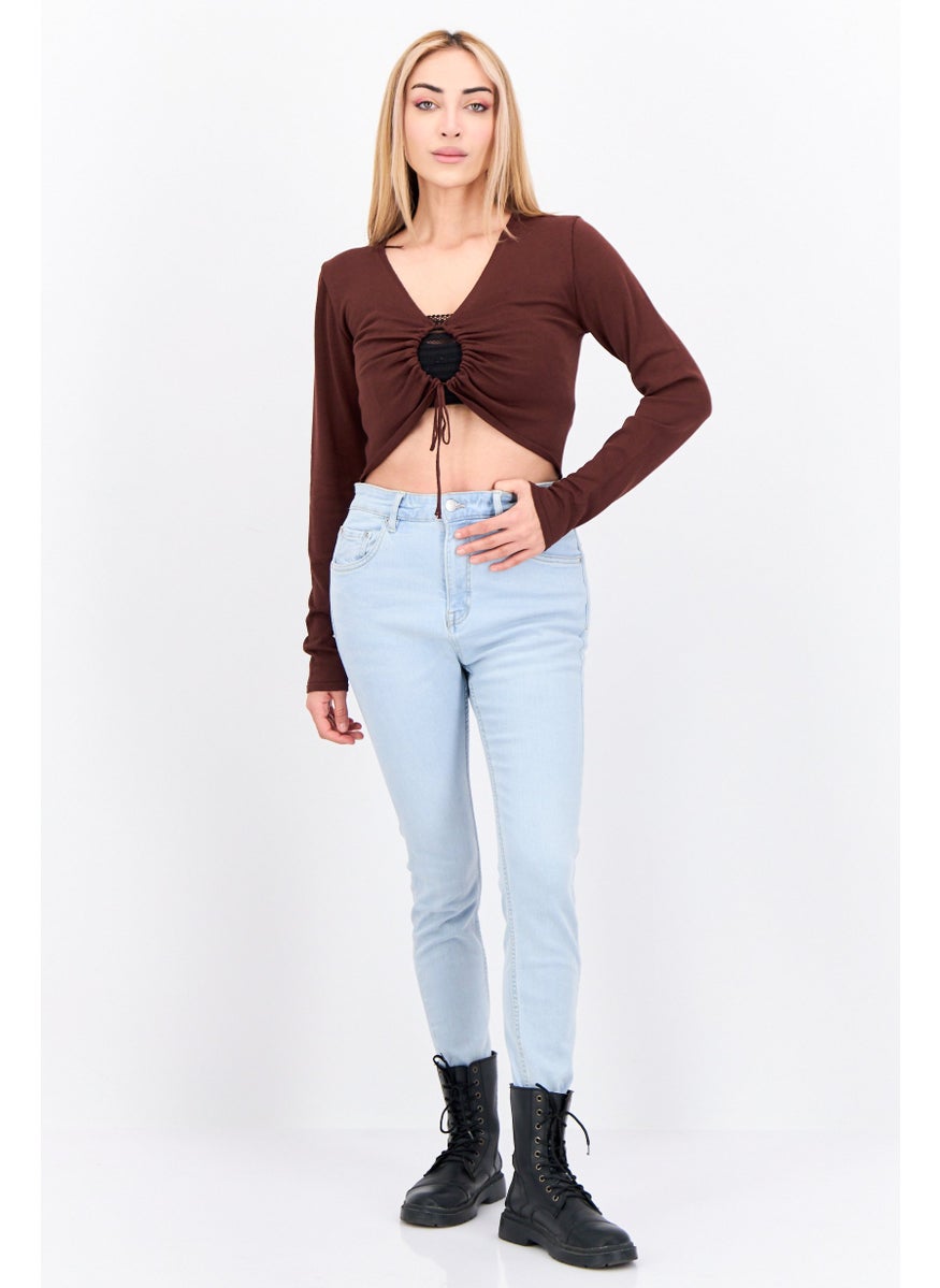 Women Keyhole Neckline Long Sleeve Solid Top, Brown