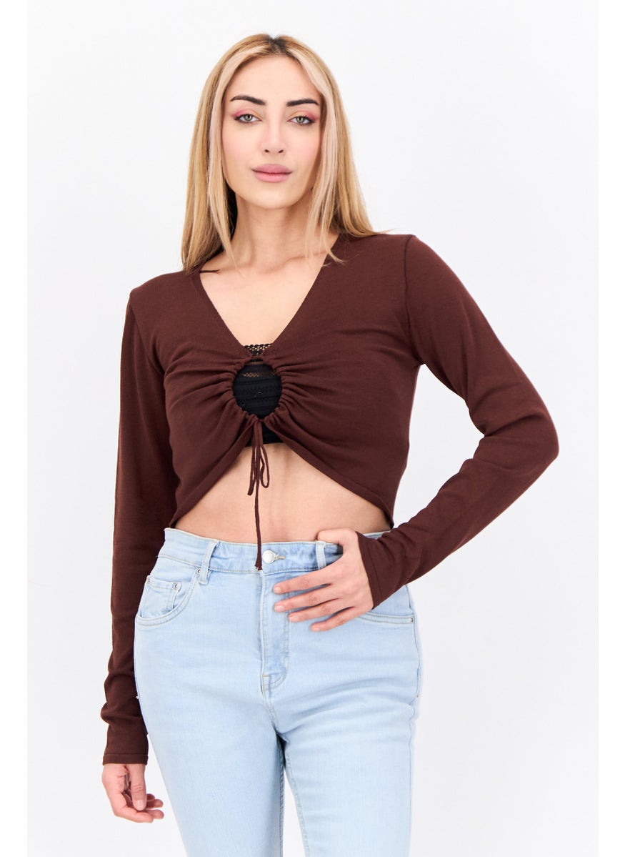 Women Keyhole Neckline Long Sleeve Solid Top, Brown