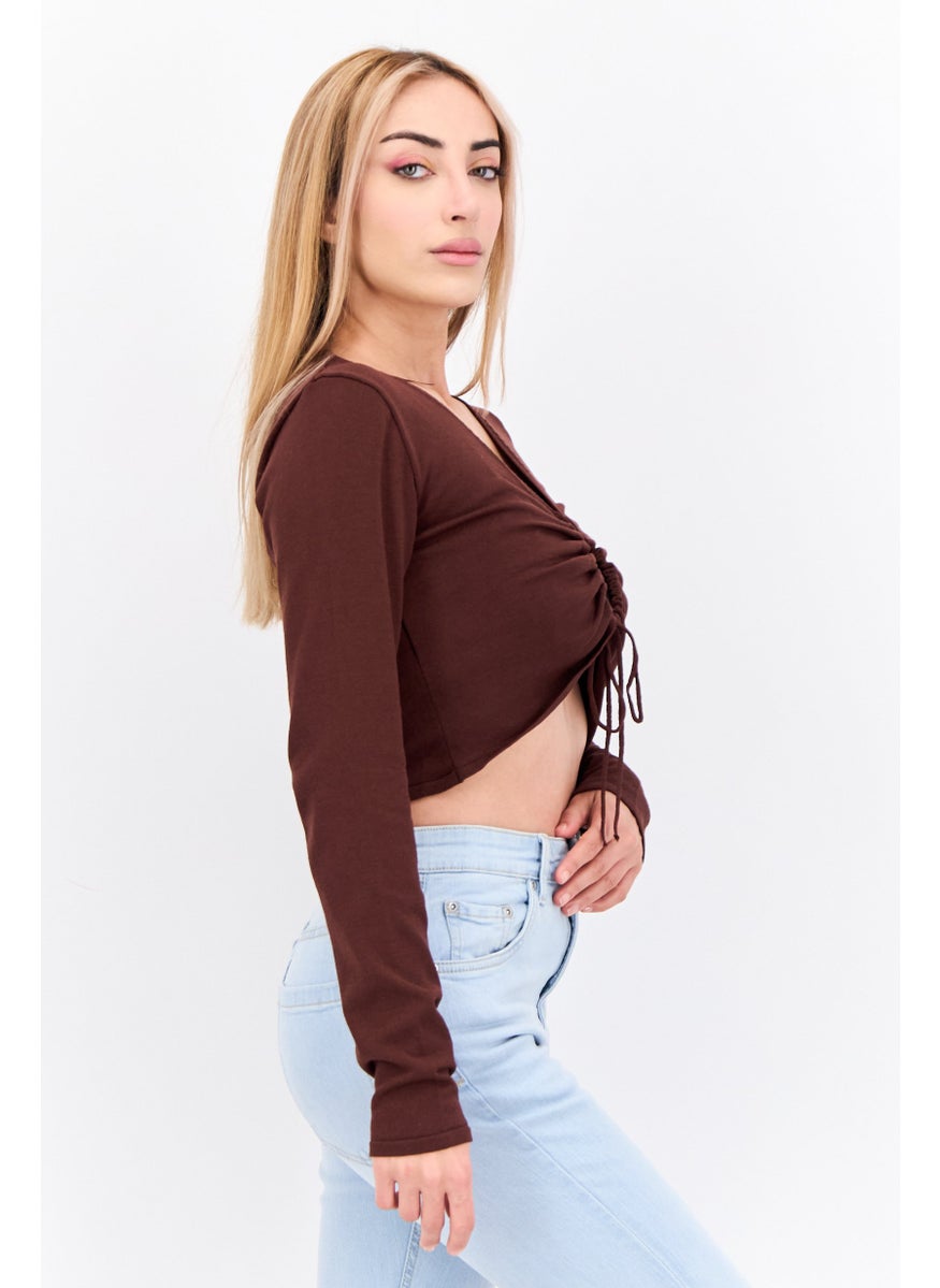 Women Keyhole Neckline Long Sleeve Solid Top, Brown