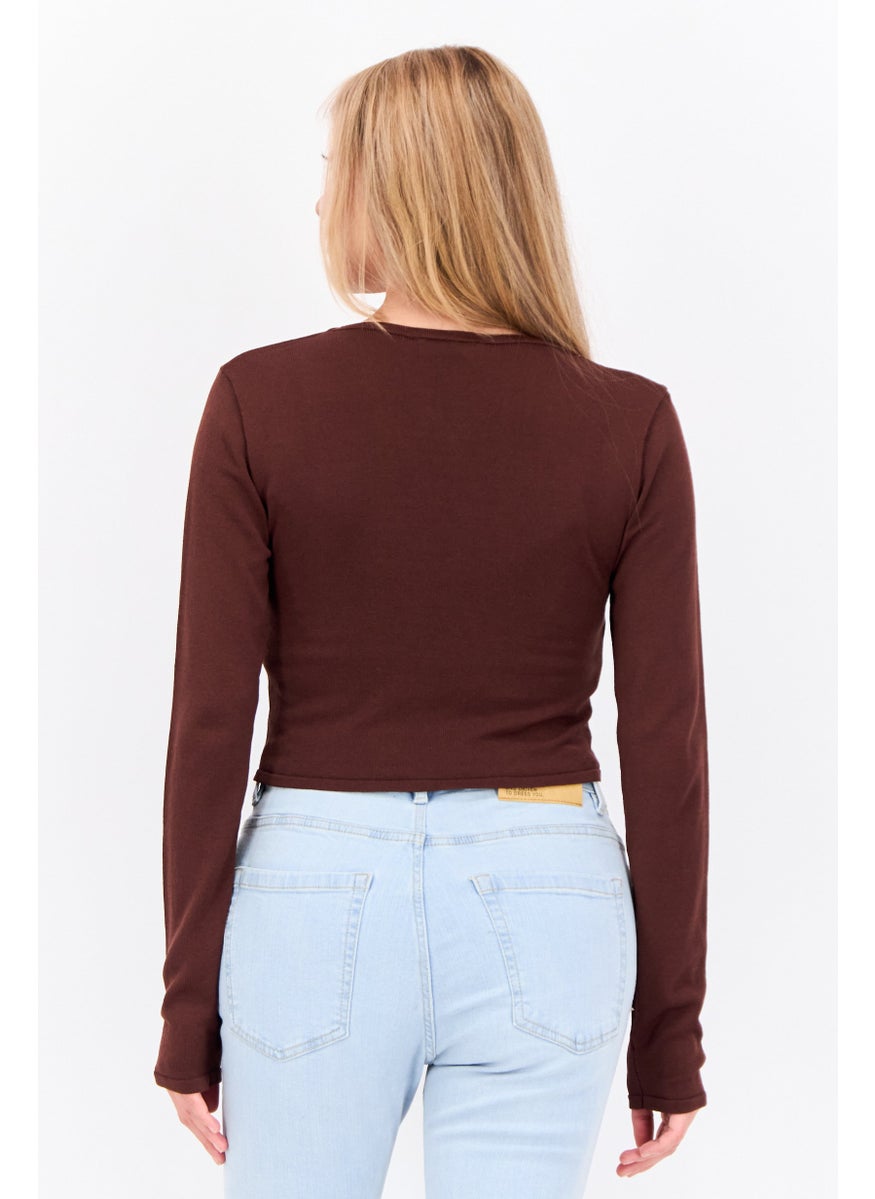 Women Keyhole Neckline Long Sleeve Solid Top, Brown