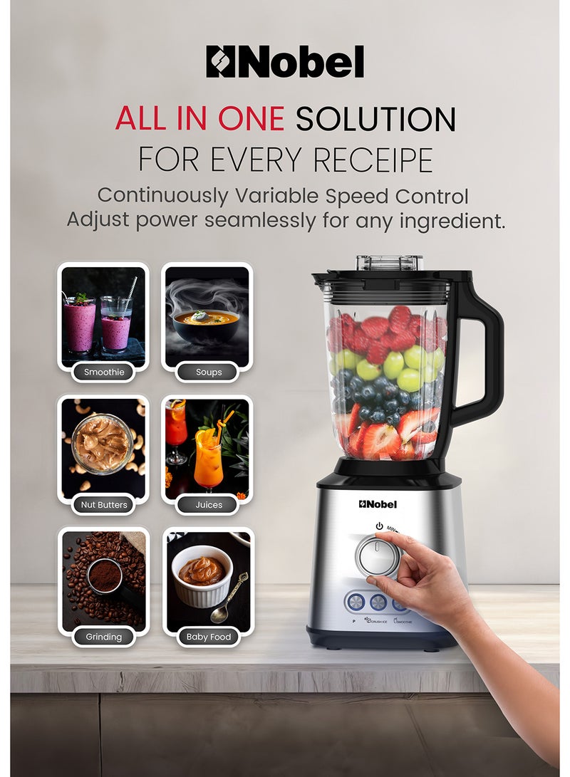 Nobel 2-in-1 Blender with 1.5L Glass Jar, 0.3L Grinder Jar, Stainless Steel Blades, Variable Speed Control, and 800W Motor NB280 1.75 L 800 W NB280 silver