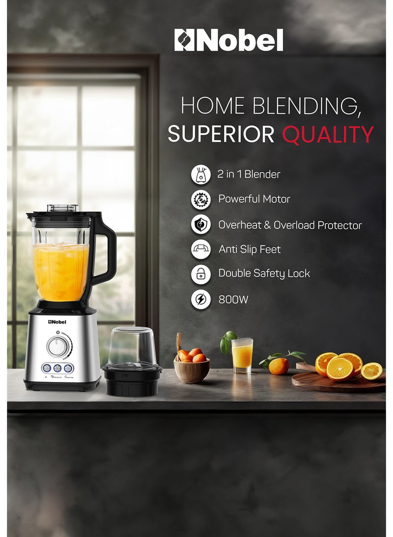 Nobel 2-in-1 Blender with 1.5L Glass Jar, 0.3L Grinder Jar, Stainless Steel Blades, Variable Speed Control, and 800W Motor NB280 1.75 L 800 W NB280 silver