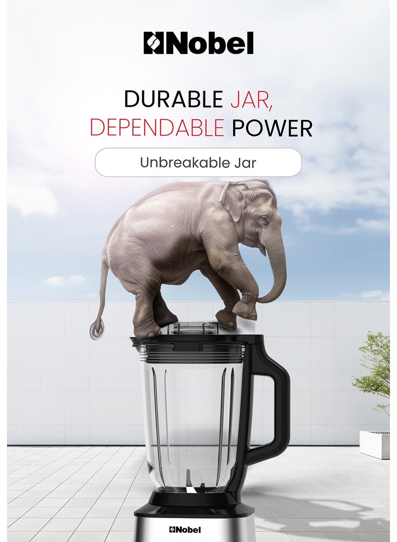 Nobel 2-in-1 Blender with 1.5L Glass Jar, 0.3L Grinder Jar, Stainless Steel Blades, Variable Speed Control, and 800W Motor NB280 1.75 L 800 W NB280 silver