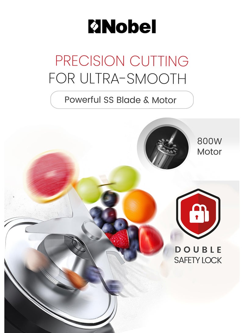 Nobel 2-in-1 Blender with 1.5L Glass Jar, 0.3L Grinder Jar, Stainless Steel Blades, Variable Speed Control, and 800W Motor NB280 1.75 L 800 W NB280 silver
