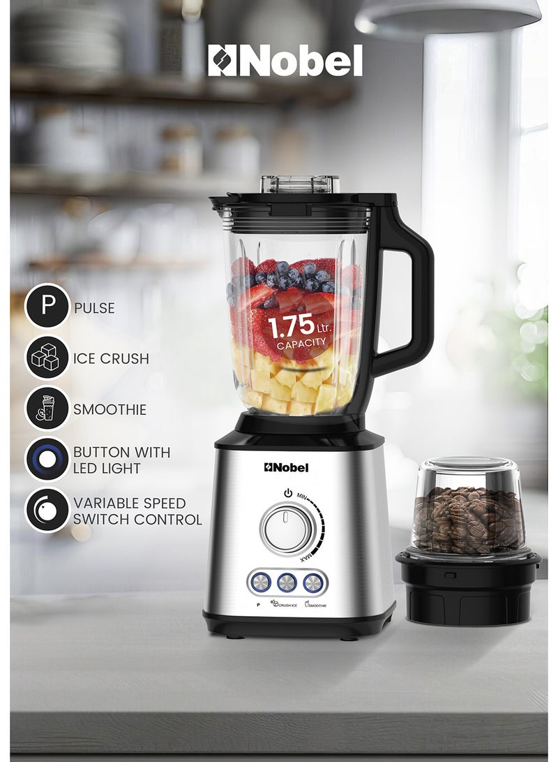 Nobel 2-in-1 Blender with 1.5L Glass Jar, 0.3L Grinder Jar, Stainless Steel Blades, Variable Speed Control, and 800W Motor NB280 1.75 L 800 W NB280 silver