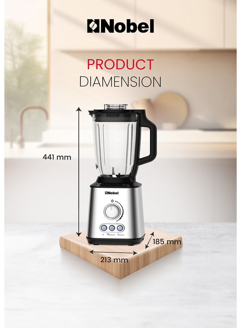 Nobel 2-in-1 Blender with 1.5L Glass Jar, 0.3L Grinder Jar, Stainless Steel Blades, Variable Speed Control, and 800W Motor NB280 1.75 L 800 W NB280 silver