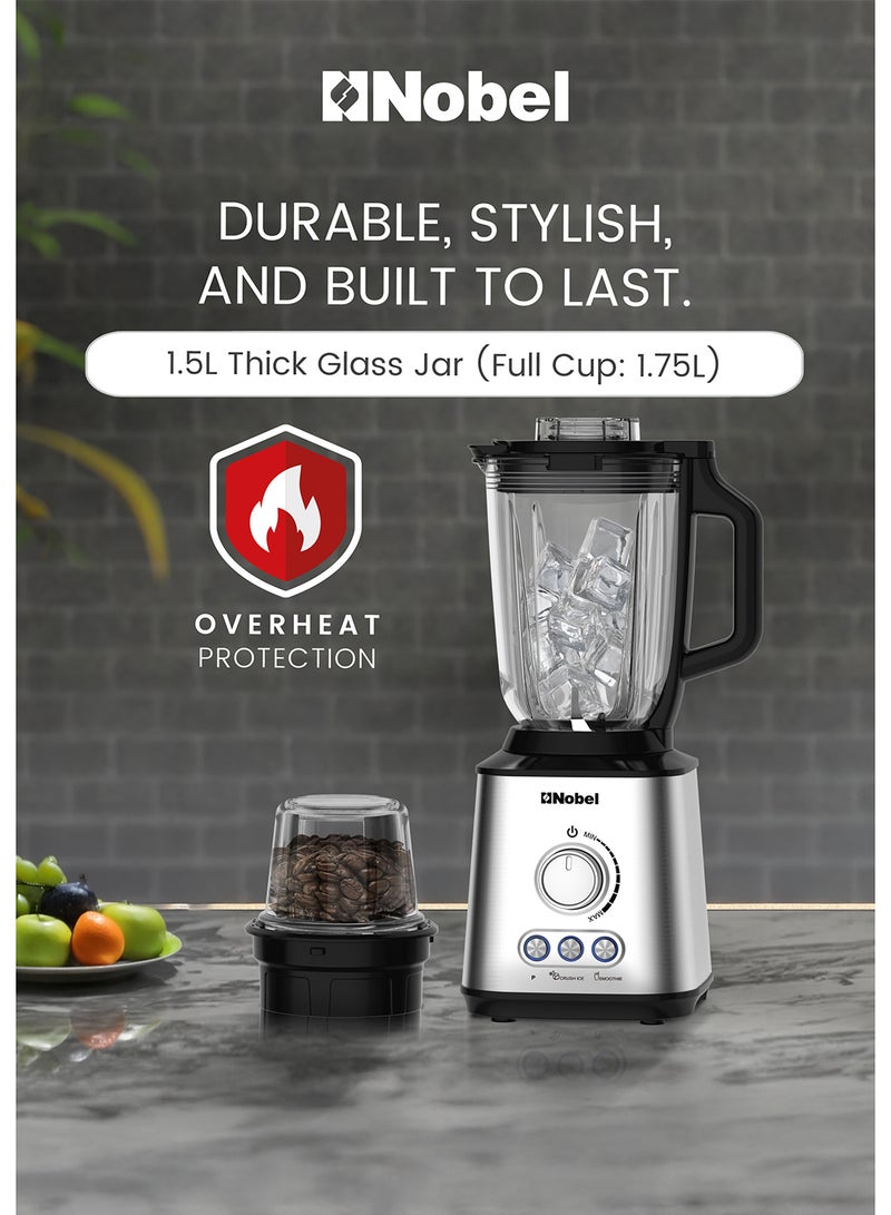 Nobel 2-in-1 Blender with 1.5L Glass Jar, 0.3L Grinder Jar, Stainless Steel Blades, Variable Speed Control, and 800W Motor NB280 1.75 L 800 W NB280 silver
