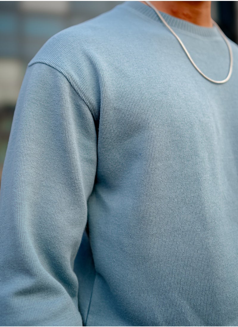 Maniac Men Solid Round Neck Full Sleeve Light Blue Coarse knit Sweatshirt