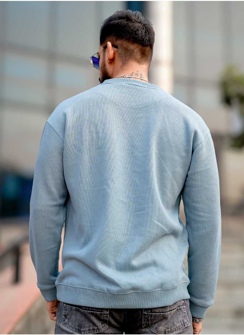 Maniac Men Solid Round Neck Full Sleeve Light Blue Coarse knit Sweatshirt