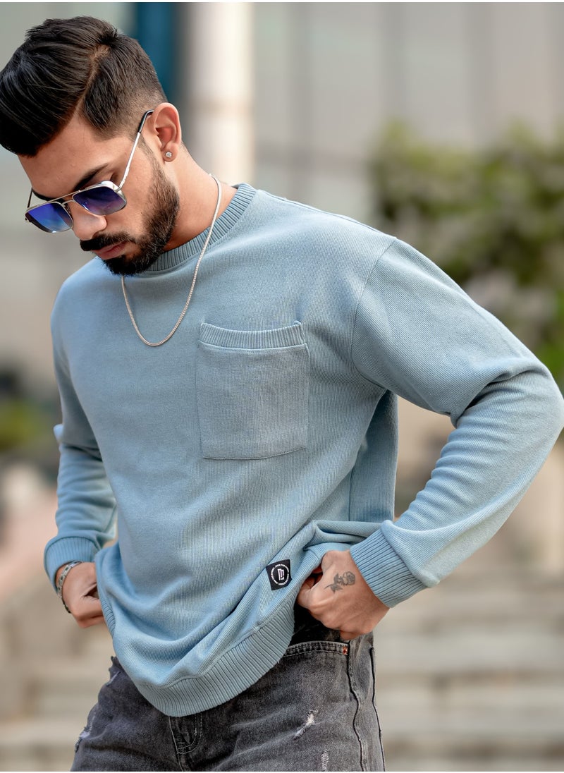 Maniac Men Solid Round Neck Full Sleeve Light Blue Coarse knit Sweatshirt