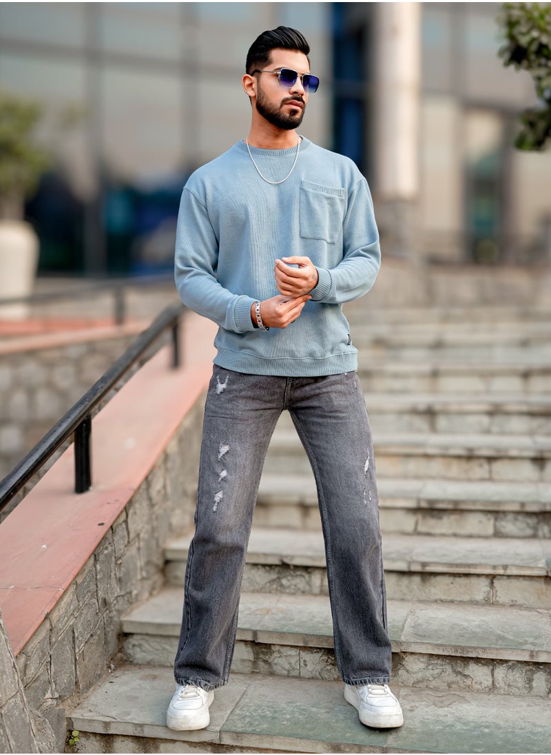 Maniac Men Solid Round Neck Full Sleeve Light Blue Coarse knit Sweatshirt