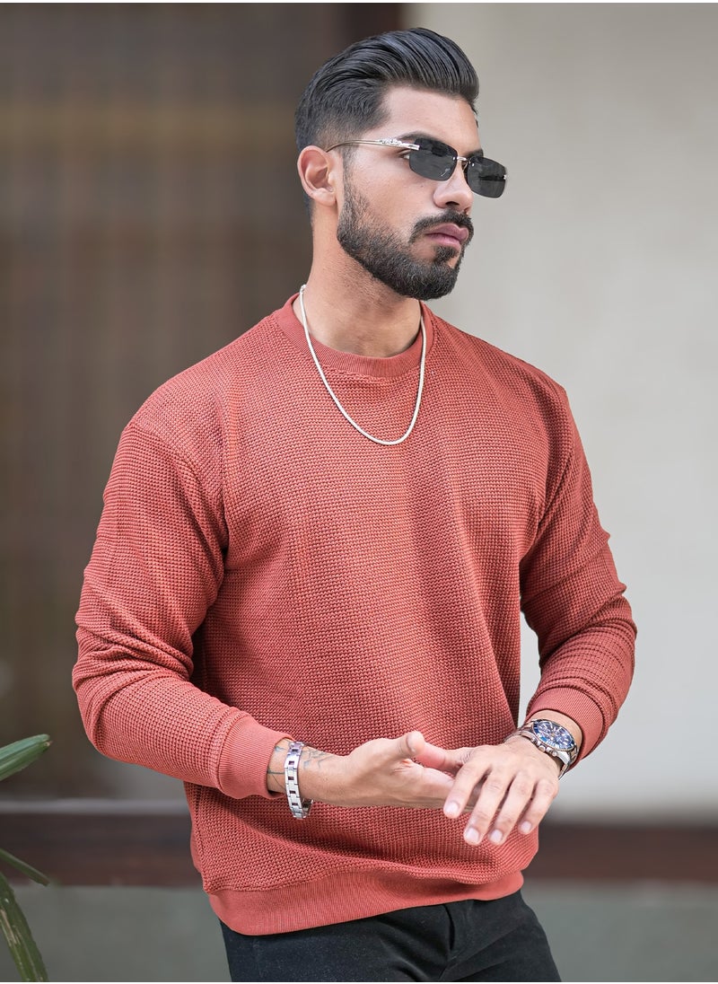Maniac Men Solid Round Neck Full Sleeve Rust Cotton Sweatshirt