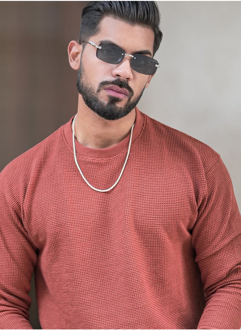 Maniac Men Solid Round Neck Full Sleeve Rust Cotton Sweatshirt