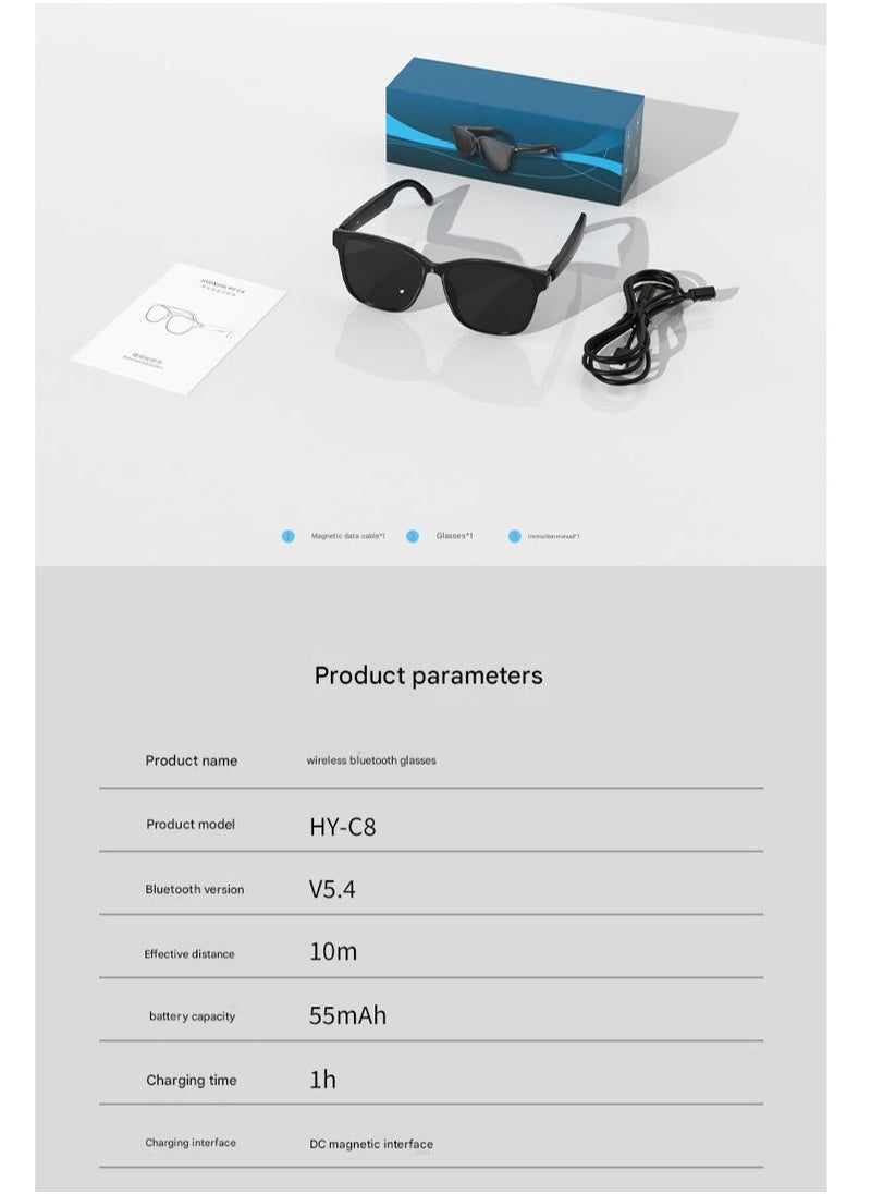 Smart Glasses with AI, Polarized Sunglasses with Bluetooth Speaker, Athletic, Outdoor, Sports UV Protection and Voice Control, Smart AI translation Glasses and Headphones, Translation in 144 languages, AI Chat, Music, Assistant via Bluetooth 5.4 - Black
