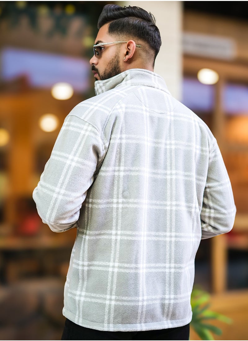 Maniac Men Checkered Zipper Grey Fullsleeve Polyester Blend Fleece Shacket
