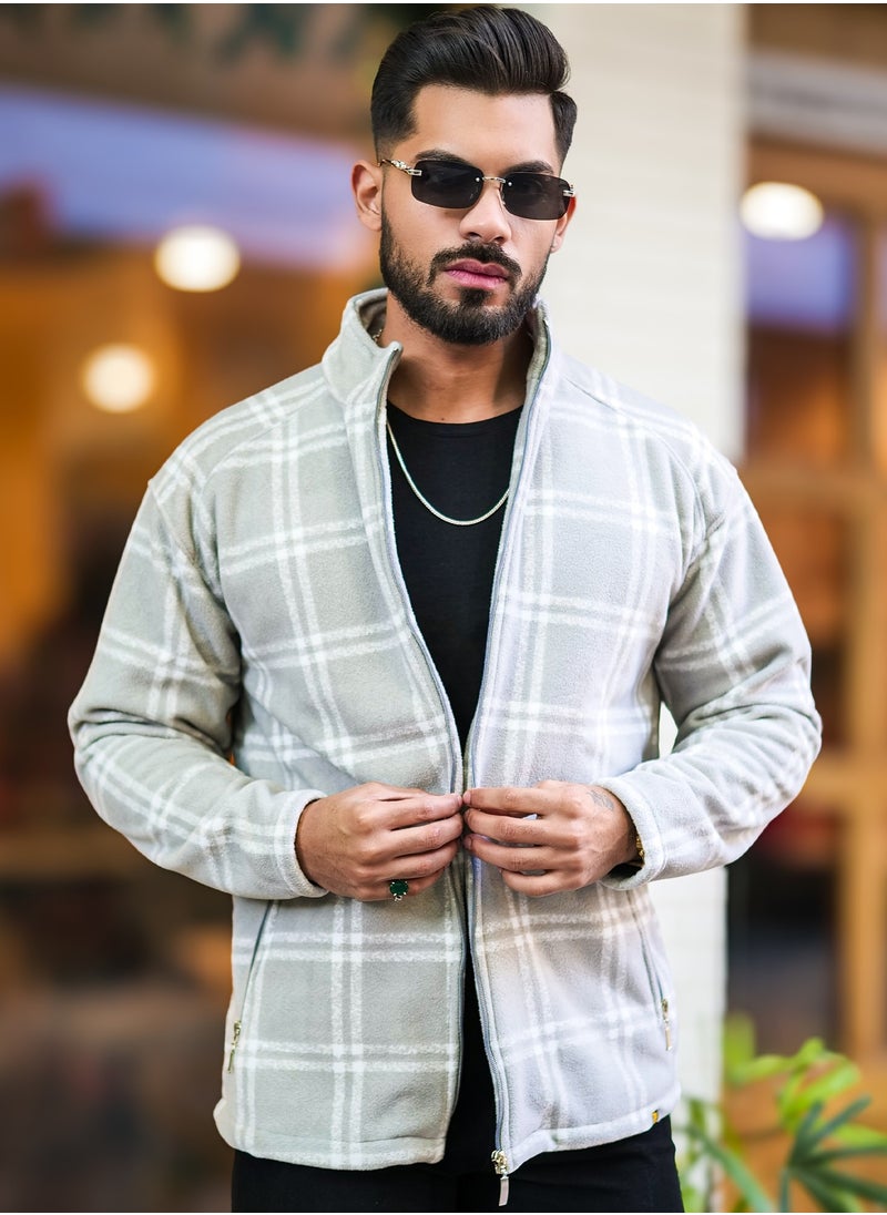 Maniac Men Checkered Zipper Grey Fullsleeve Polyester Blend Fleece Shacket