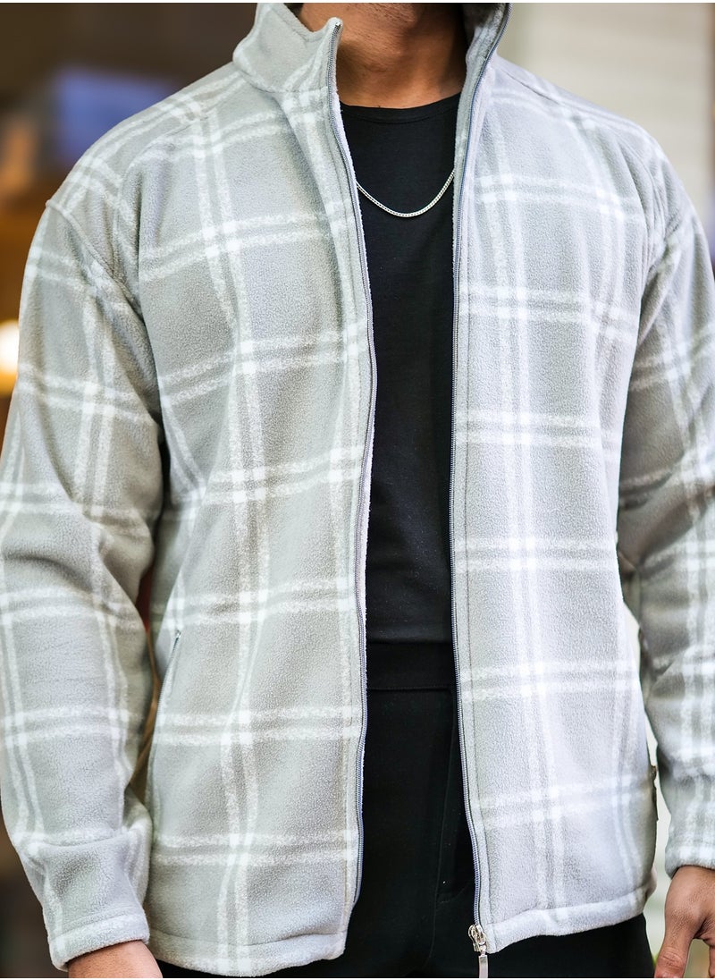 Maniac Men Checkered Zipper Grey Fullsleeve Polyester Blend Fleece Shacket