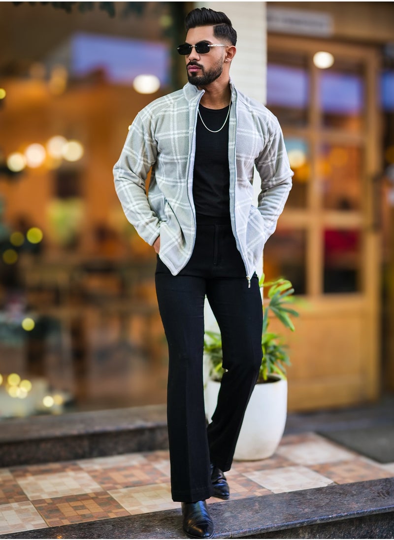Maniac Men Checkered Zipper Grey Fullsleeve Polyester Blend Fleece Shacket