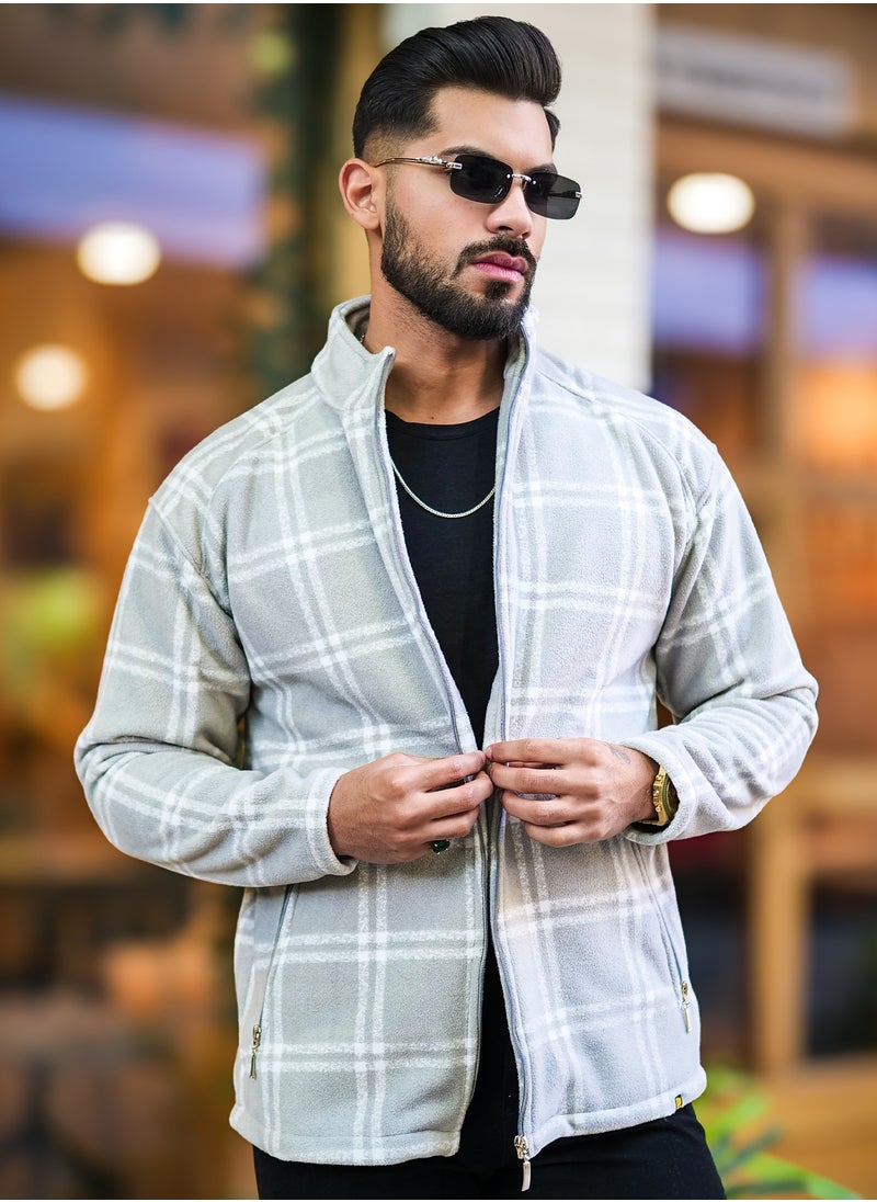 Maniac Men Checkered Zipper Grey Fullsleeve Polyester Blend Fleece Shacket