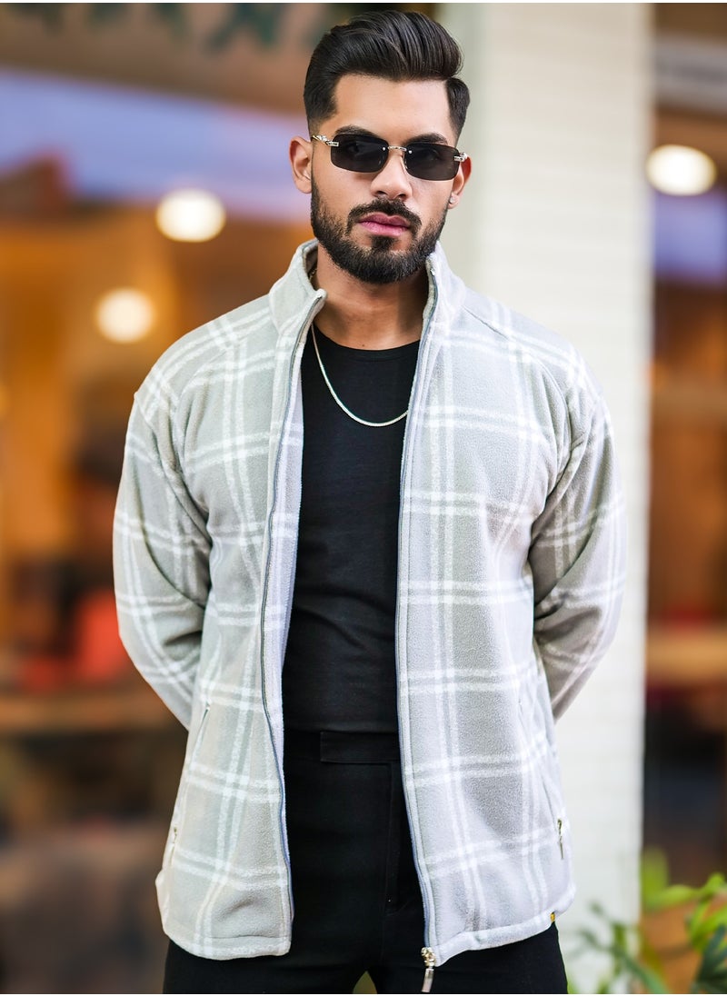 Maniac Men Checkered Zipper Grey Fullsleeve Polyester Blend Fleece Shacket