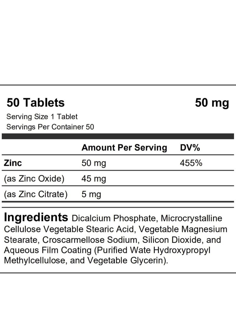 Zinc 50mg – 50 Tablets | Supports Immune Health, Muscle Recovery, and Testosterone Levels | High-Strength Zinc Supplement for Athletes