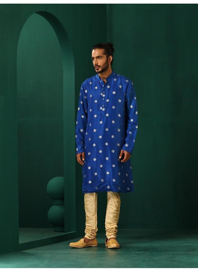 Men's Royal Blue Geometric Floral Viscose Silk Long Kurta