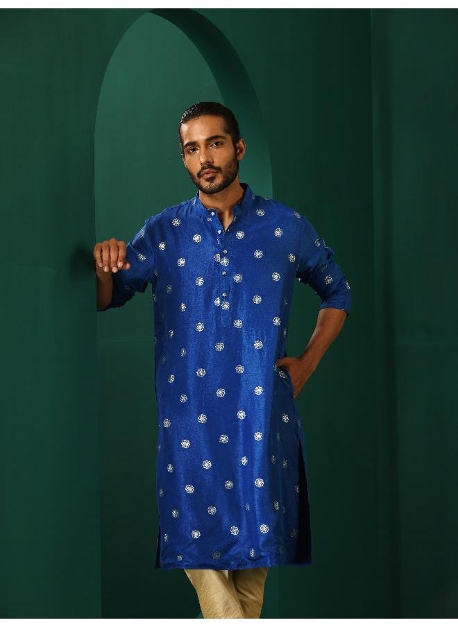 Men's Royal Blue Geometric Floral Viscose Silk Long Kurta