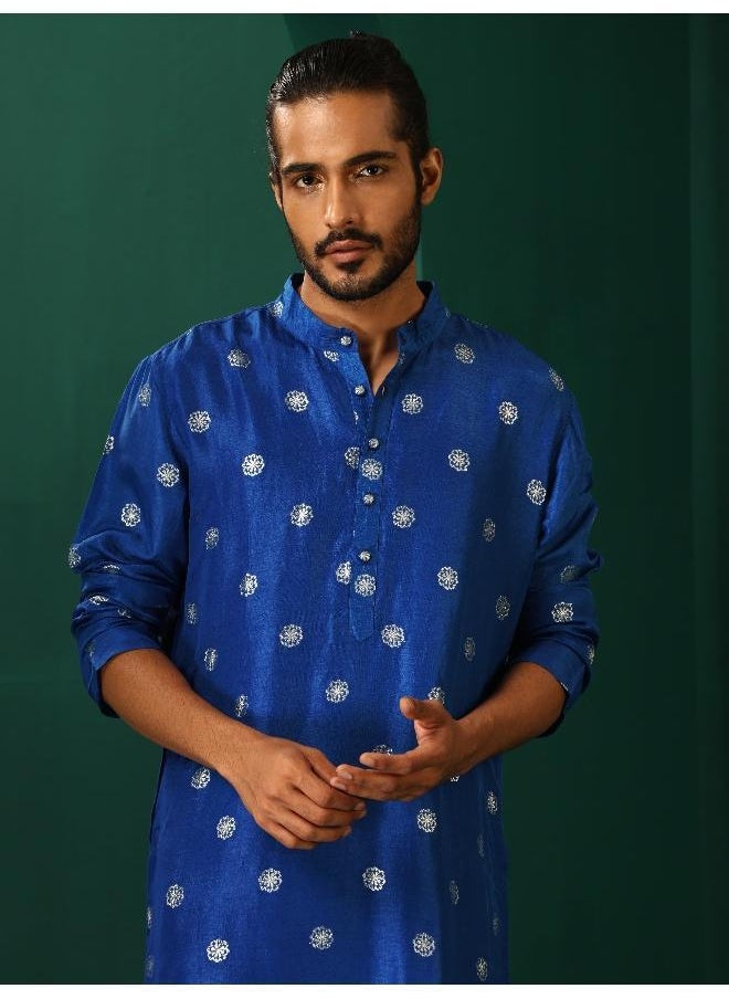 Men's Royal Blue Geometric Floral Viscose Silk Long Kurta