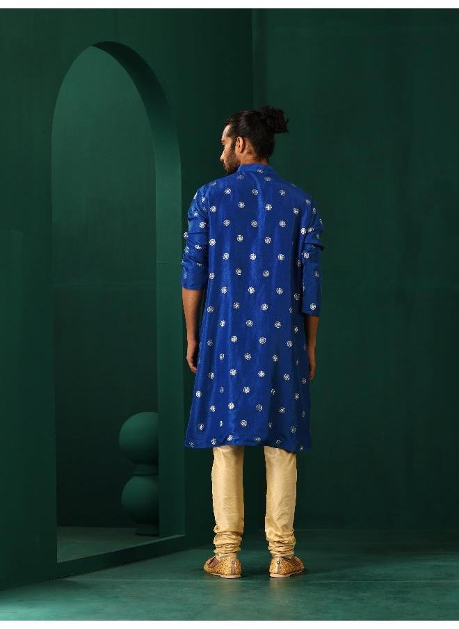 Men's Royal Blue Geometric Floral Viscose Silk Long Kurta
