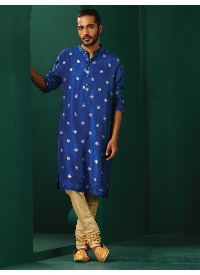 Men's Royal Blue Geometric Floral Viscose Silk Long Kurta