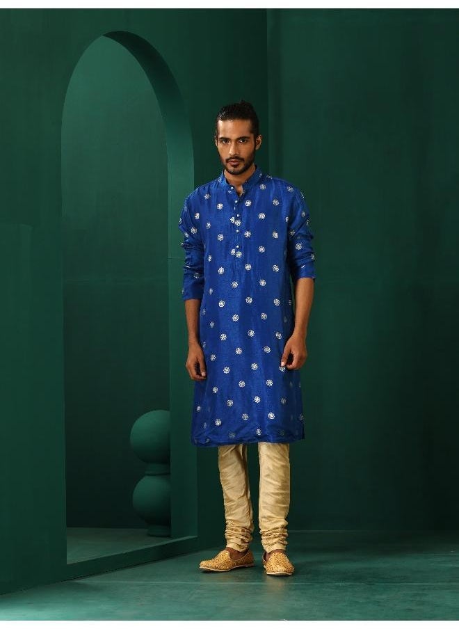Men's Royal Blue Geometric Floral Viscose Silk Long Kurta