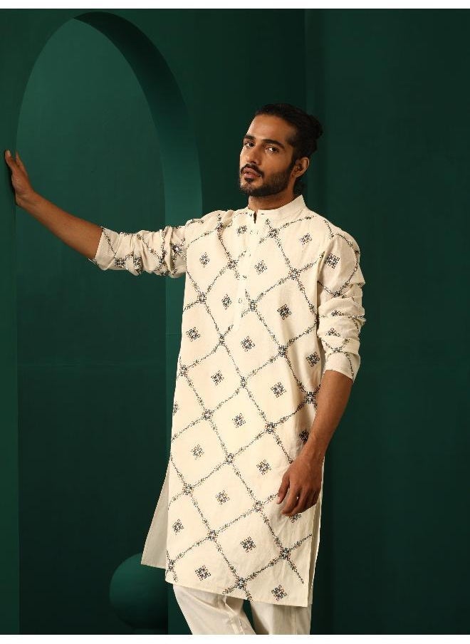 Men's Ivory Rhombus Cotton Kurta