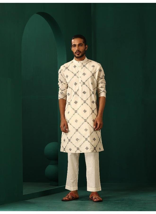 Men's Ivory Rhombus Cotton Kurta